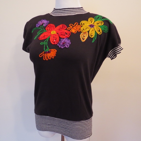 Vintage 80s Statement Knit Top | Ribbon Embroidery & Gem Accents | Retro Glam - Picture 7 of 8